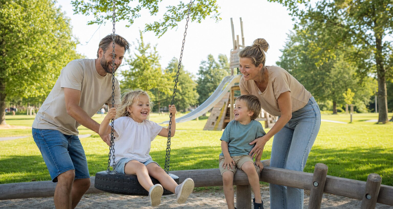 Familie geniet van een uitje in een park bij Heerenveen